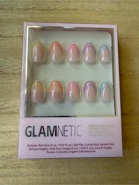 GLAMNETIC Short Oval Press-On Nails — Neutral Base with Rainbow French Tips